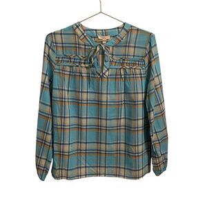 Como Vintage Plaid Tie Neck Long Sleeve Blouse Orange Blue Size MED NWT